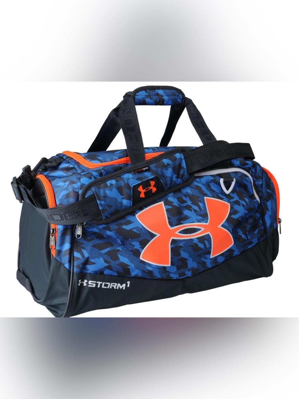 Under Armour Blue Camo Duffel with Bright Orange Logo